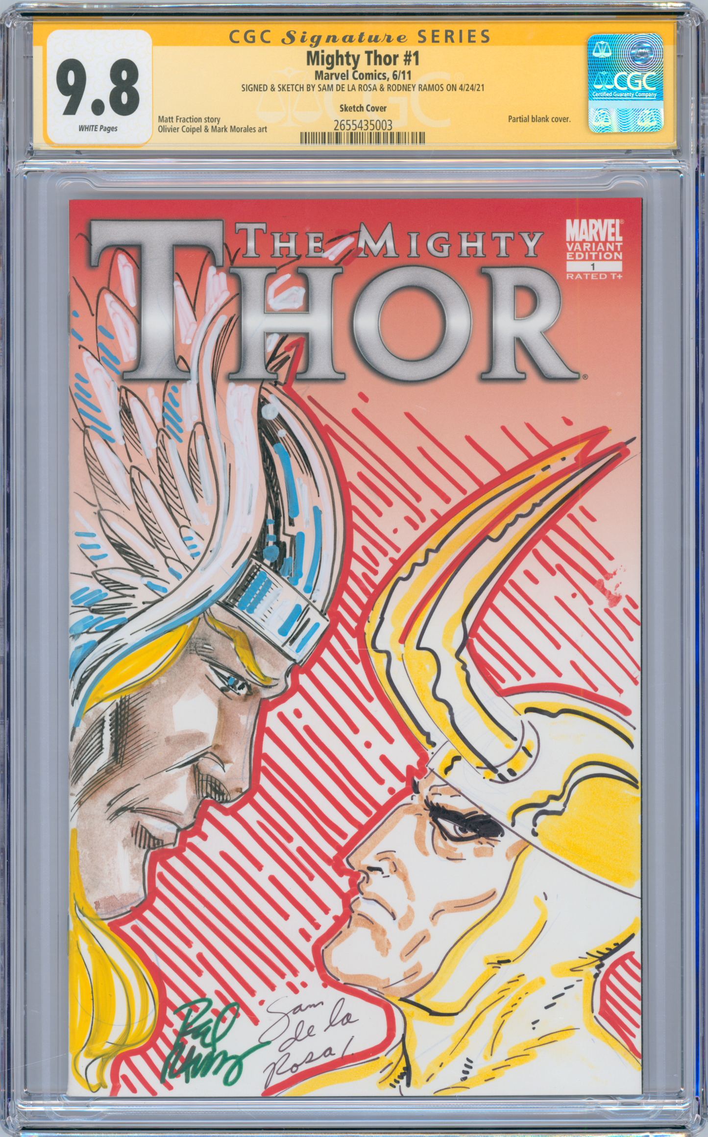 Mighty Thor #1 9.8 CGC Signed & Sketched Sam De La Rosa & Rodney Ramos