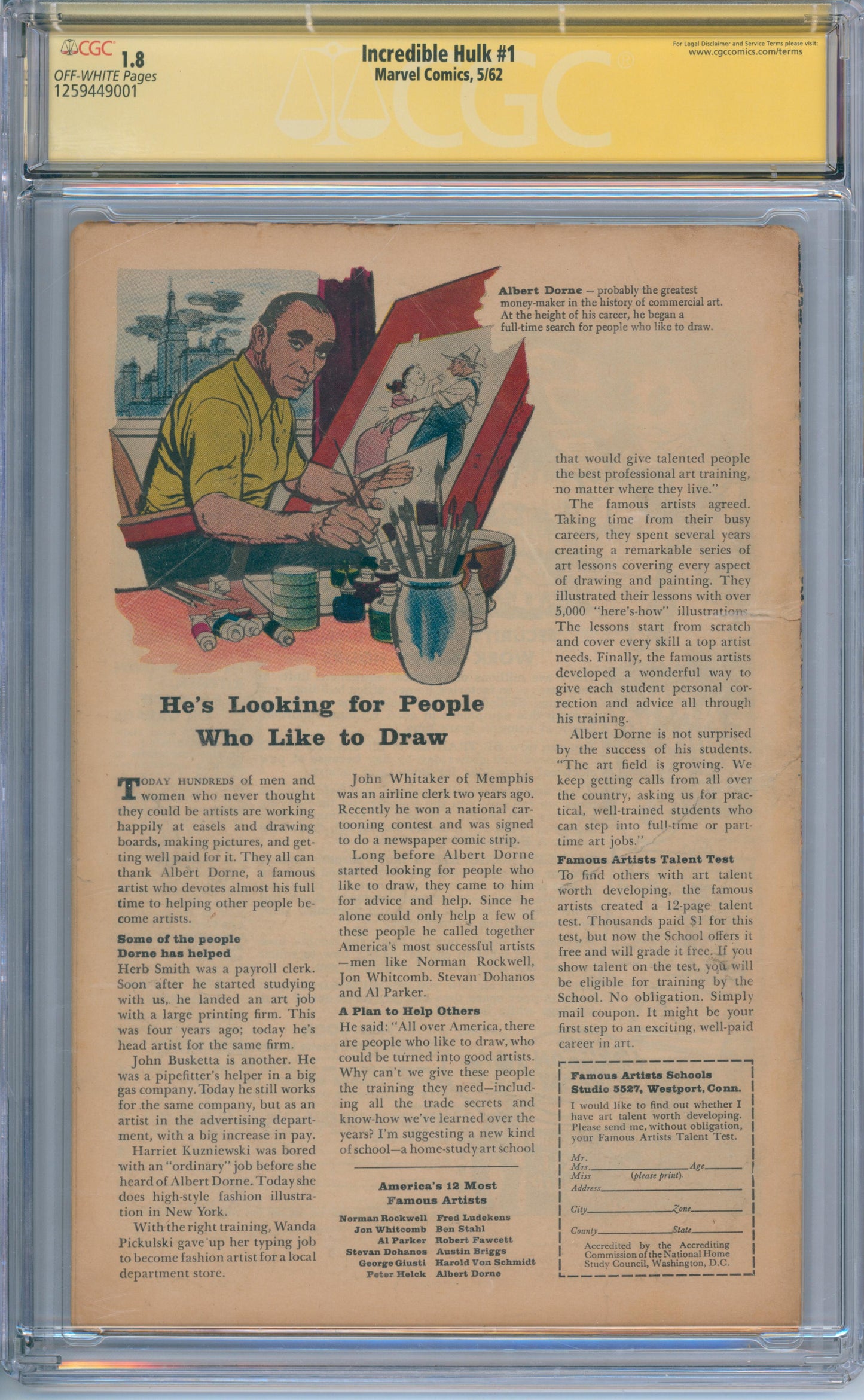 Incredible Hulk #1 (1962) CGC 1.8 Signed by Stan Lee
