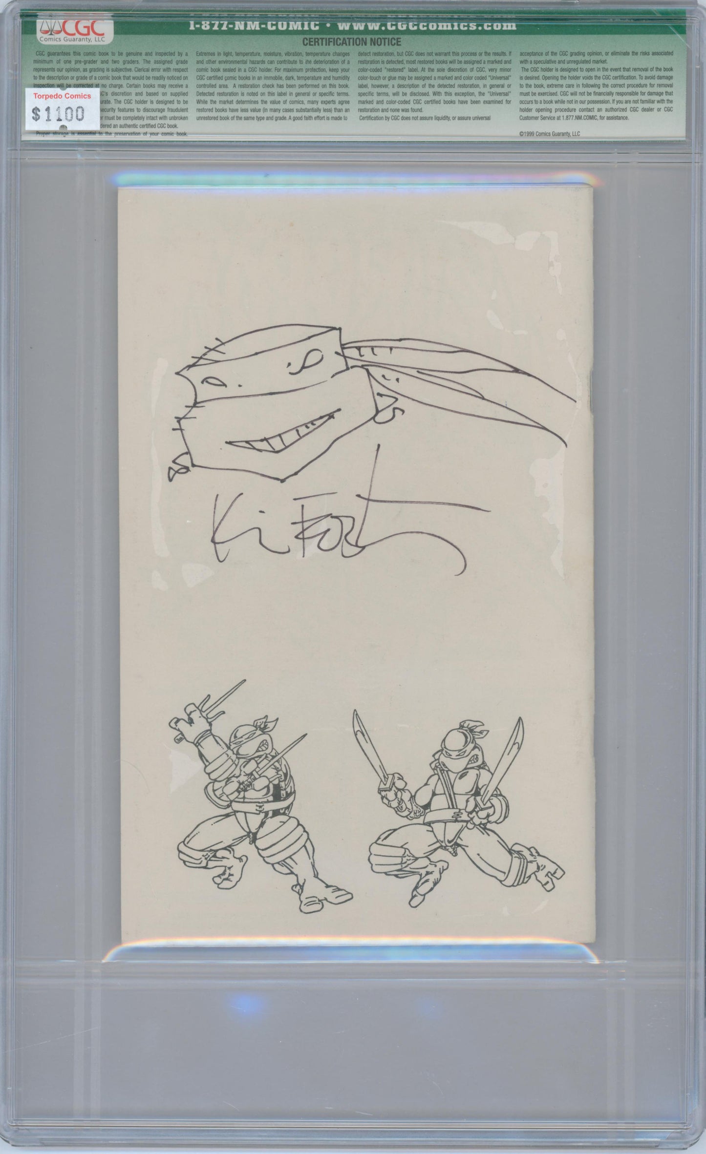 Turtlemania Special #1 9.4 CGC Qualified Signed & Sketch by Kevin Eastman