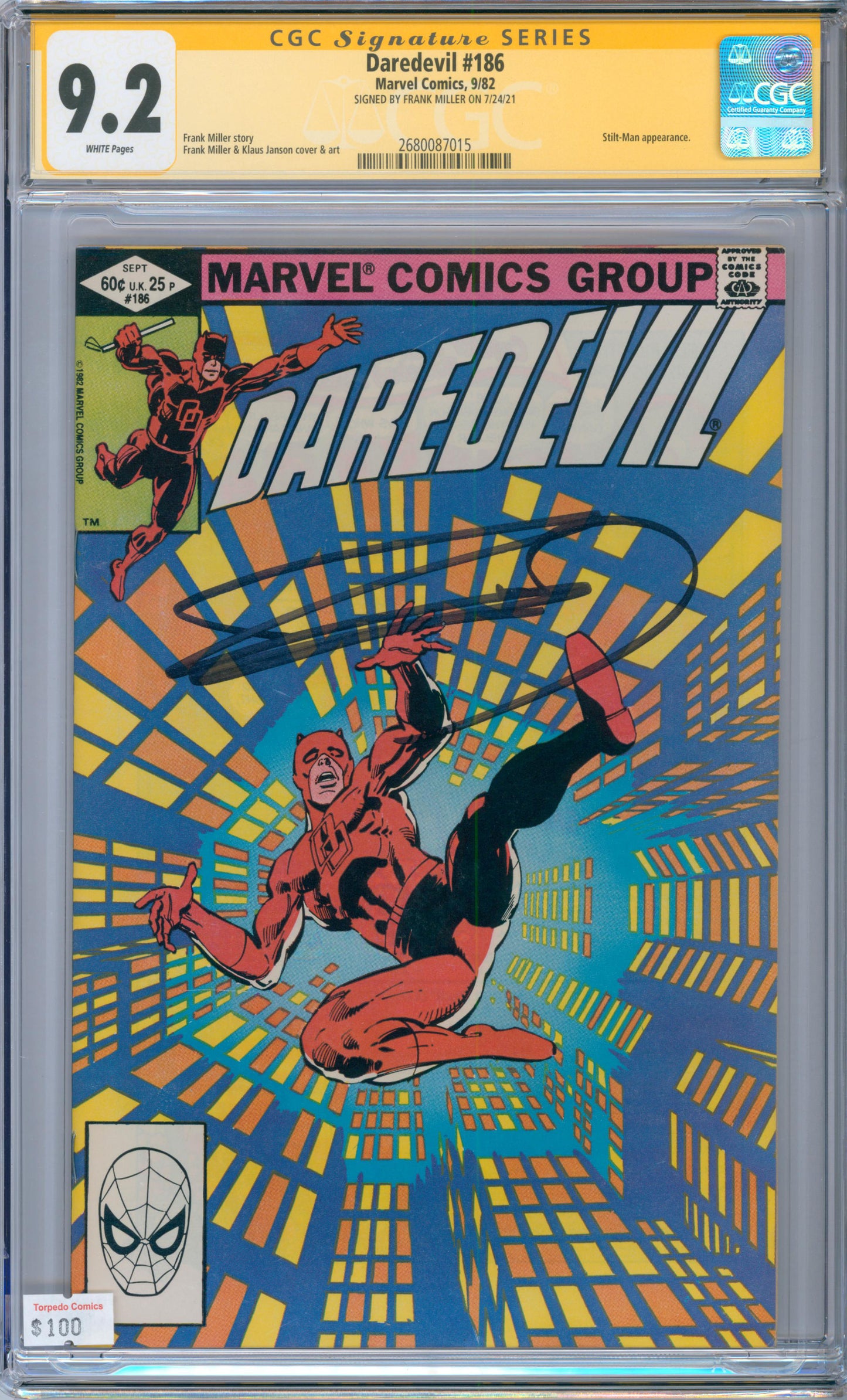 Daredevil #186 9.2 CGC Signed by Frank Miller