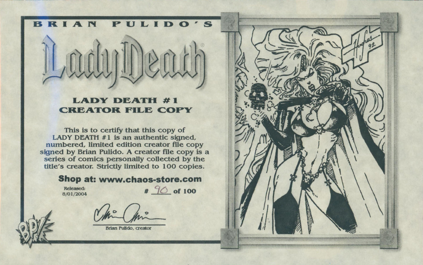 Lady Death #1 Creator File Copy 9.2 NM- Raw Comic Signed Brian Pulido #90/100