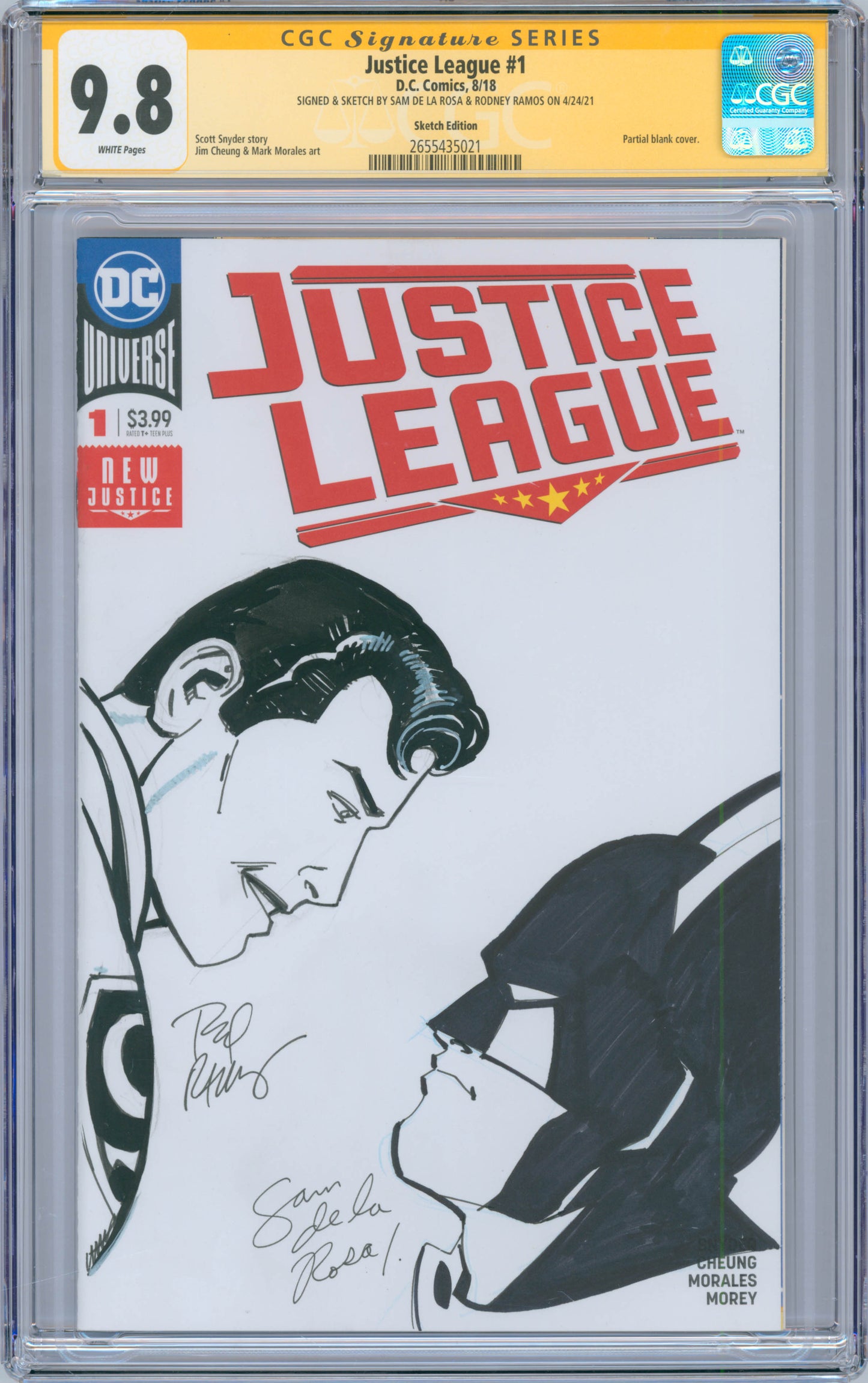 Justice League #1 9.8 CGC Signed and Sketched Sam De La Rosa & Rodney Ramos
