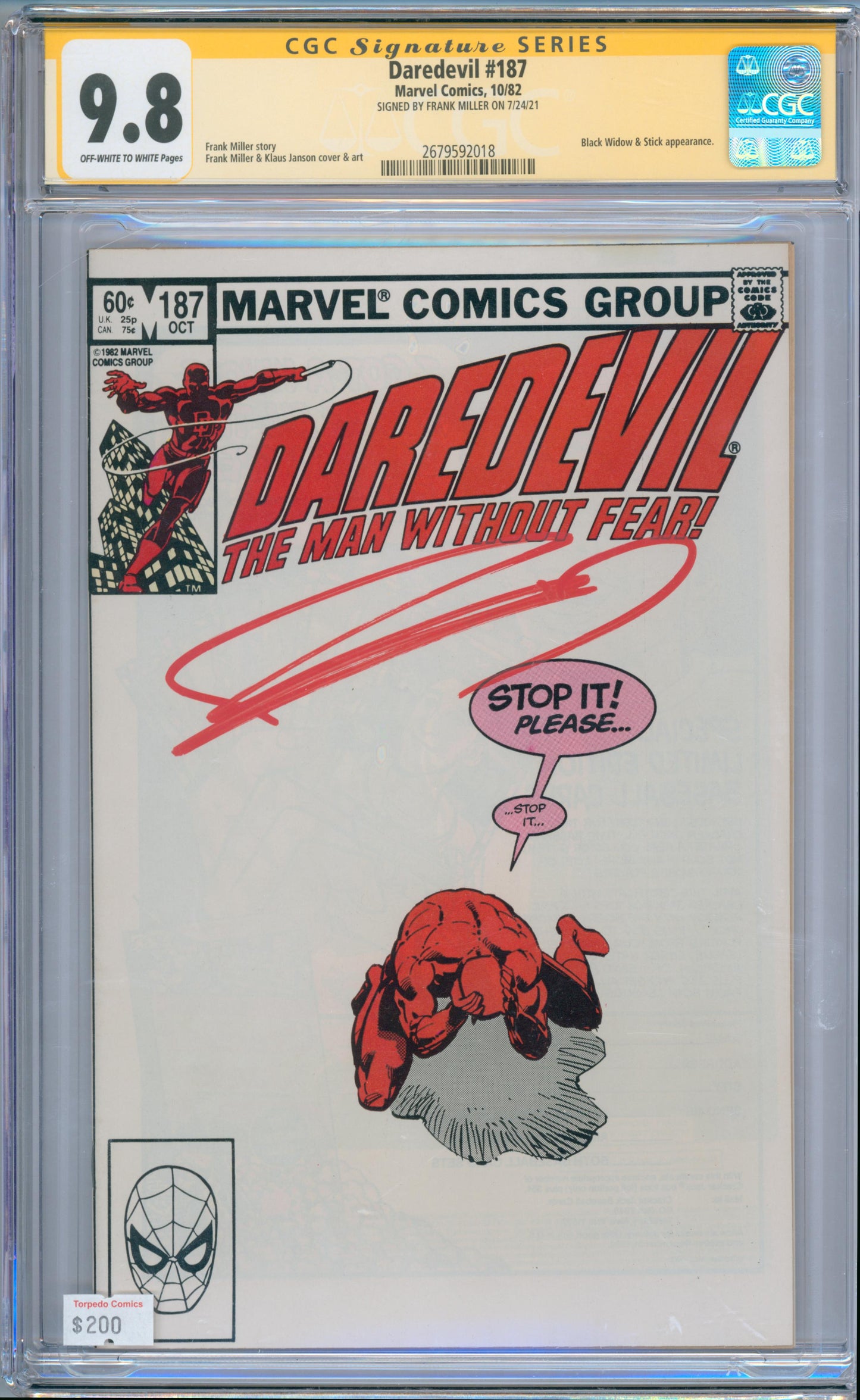 Daredevil #187 (1982) CGC 9.8 Sig. Frank Miller
