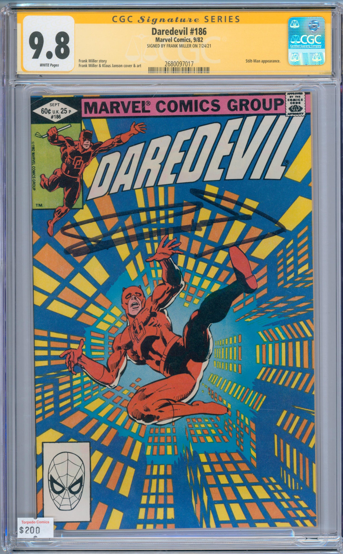 Daredevil #186 (1982) CGC 9.8 Sig. Frank Miller
