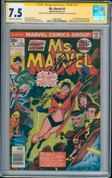 Ms. Marvel #1 7.5 CGC Signed John Romita & Gerry Conway