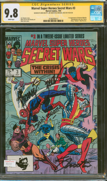 Marvel Super Heroes Secret Wars #3 9.8 CGC Signed Beatty, Shooter & Zeck